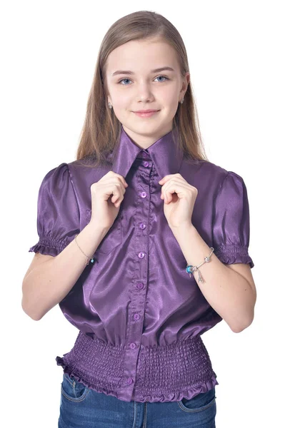 Gelukkig Tiener Meisje Paarse Blouse Poseren Geïsoleerd Witte Achtergrond — Stockfoto