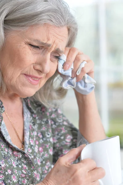 Close Portrait Stressed Senior Woman Crying — Stock Photo, Image