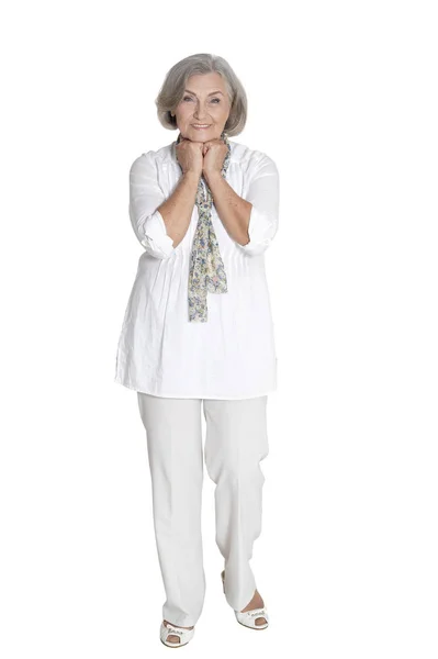 Full Length Portrait Happy Senior Woman Casual Clothing Posing Isolated — Stock Photo, Image