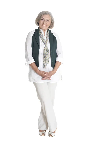Ganzkörperporträt Der Schönen Seniorin Lässiger Kleidung Posiert Isoliert Auf Weißem — Stockfoto