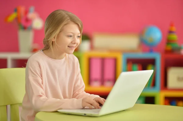 Girl using modern laptop — Stock Photo, Image
