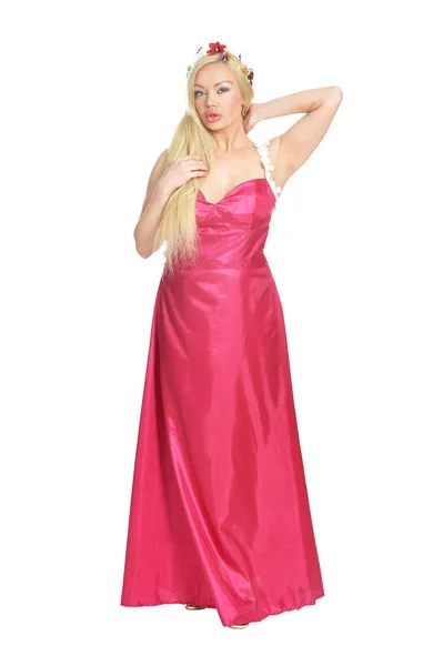 Portret Van Mooie Vrouw Roze Jurk Poseren Geïsoleerd Wit — Stockfoto