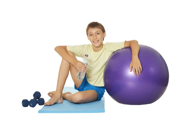 Young Boy Fit Ball Dumbbells Isolated White Background — Stock Photo, Image