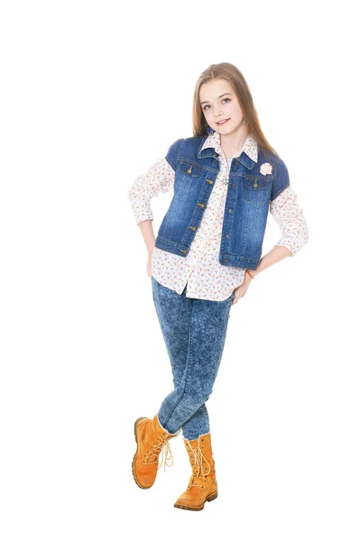 Felice Bambina Jeans Posa Isolata Sfondo Bianco — Foto Stock