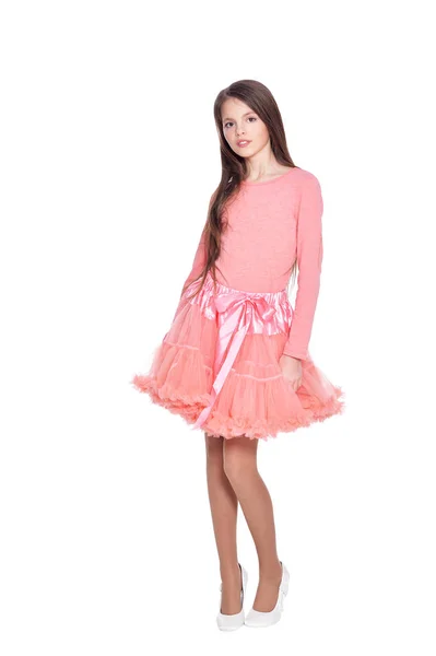 Piękna Dziewczyna Różowej Sukience Pozowanie Białym Tle — Zdjęcie stockowe