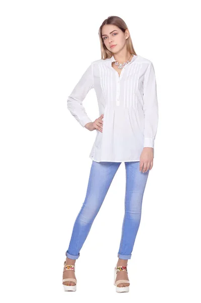 Retrato Mujer Hermosa Pantalones Vaqueros Azules Posando Aislado Blanco — Foto de Stock