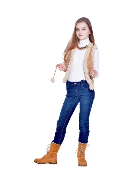 Boldog Kis Lány Pózol Elszigetelt Fehér Background — Stock Fotó