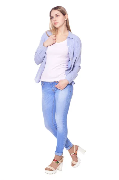 Porträtt Vacker Kvinna Blå Jeans Poserar Isolatet Vit — Stockfoto