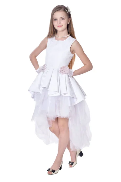 Bonne Petite Fille Costume Carnaval Posant Isolé Sur Fond Blanc — Photo