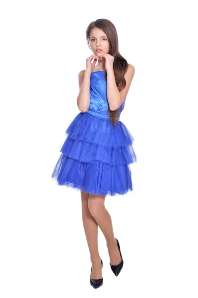 Menina Bonita Vestido Azul Posando Isolado Fundo Branco — Fotografia de Stock