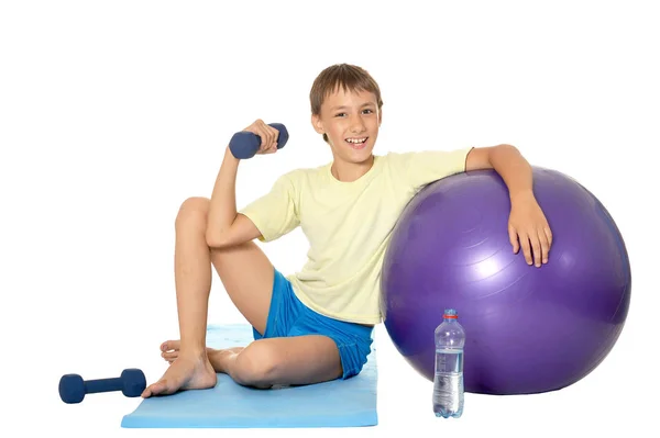 Young Boy Fit Ball Dumbbells Isolated White Background — Stock Photo, Image