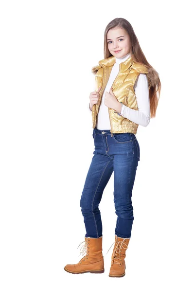 Felice Bambina Jeans Posa Isolata Sfondo Bianco — Foto Stock