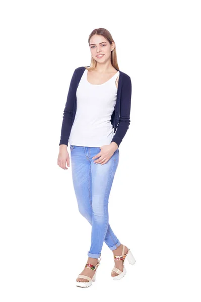 Porträtt Vacker Kvinna Jeans Poserar Isolatet Vit — Stockfoto