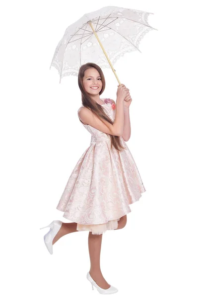 Beautiful Girl Umbrella Posing Isolated White Background — Stock Photo, Image