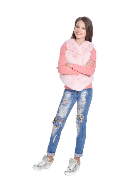 Menina Bonita Jeans Posando Isolado Fundo Branco — Fotografia de Stock