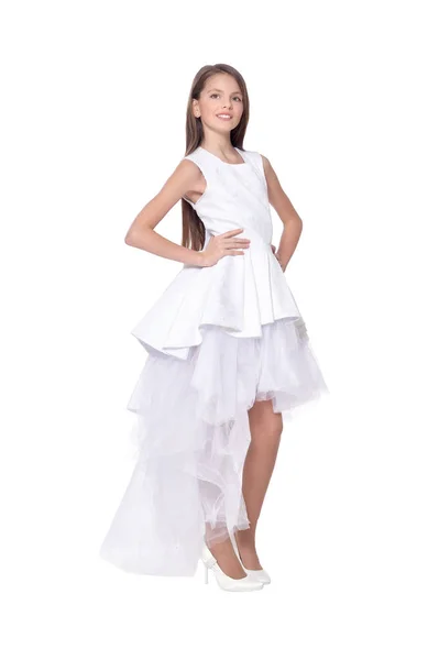 Szép Lány Fehér Dresss Pózol Elszigetelt Fehér Background — Stock Fotó