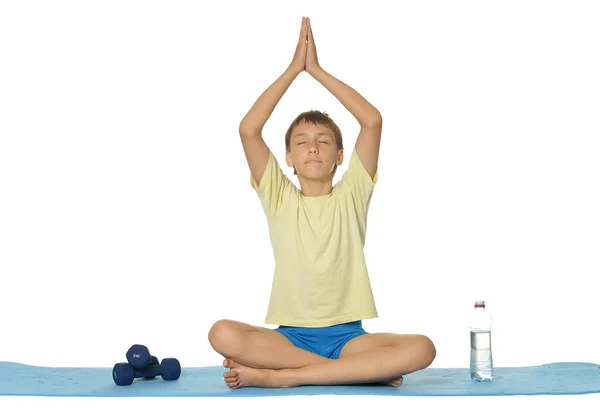 Young Boy Practicing Yoga Isolated White Background — Stock Photo, Image