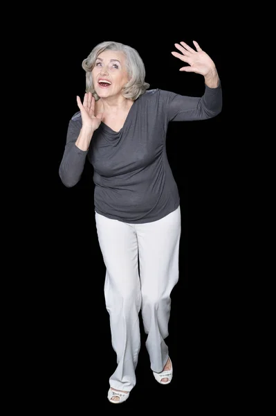 Senior Kobieta Pozowanie Białym Tle Tło — Zdjęcie stockowe
