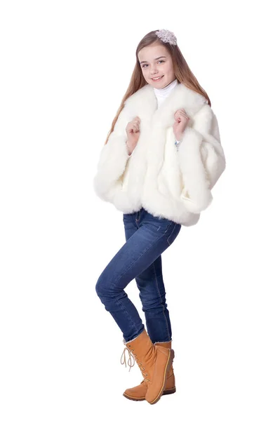 Happy Little Girl Fur Coat Posing Isolated White Background — Stock Photo, Image