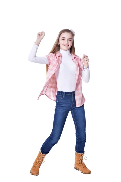 Felice Bambina Jeans Posa Isolata Sfondo Bianco — Foto Stock