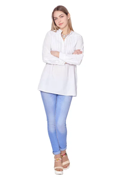 Retrato Mujer Hermosa Pantalones Vaqueros Azules Posando Aislado Blanco —  Fotos de Stock