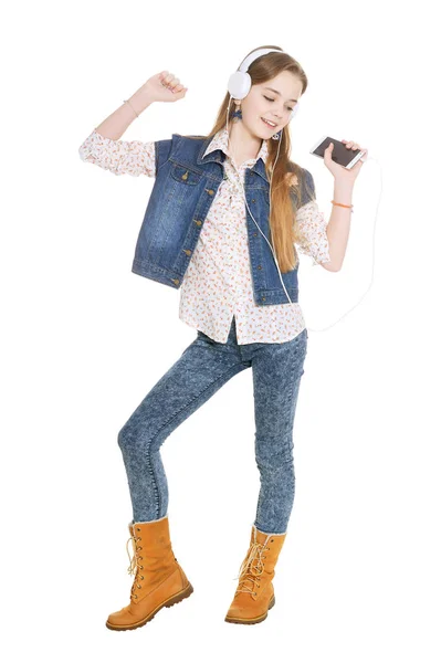 Happy Little Girl Jeans Listening Music Smartphone Isolated White Background — Stock Photo, Image