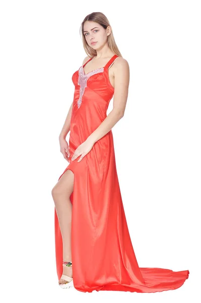 Porträt Der Schönen Frau Rotem Kleid Posiert Isoliert Auf Weißem — Stockfoto