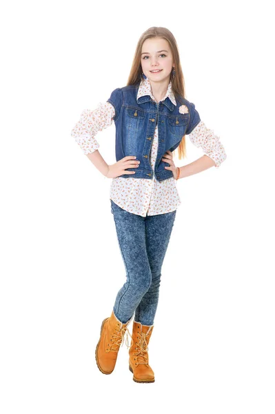 Happy Little Girl Jeans Posing Isolated White Background — Stock Photo, Image