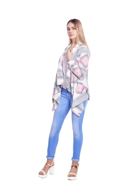 Portrait Beautiful Woman Blue Jeans Posing Isolate White — Stock Photo, Image