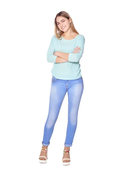 Porträt Einer Schönen Frau Blauen Jeans Die Isoliert Auf Weißem — Stockfoto