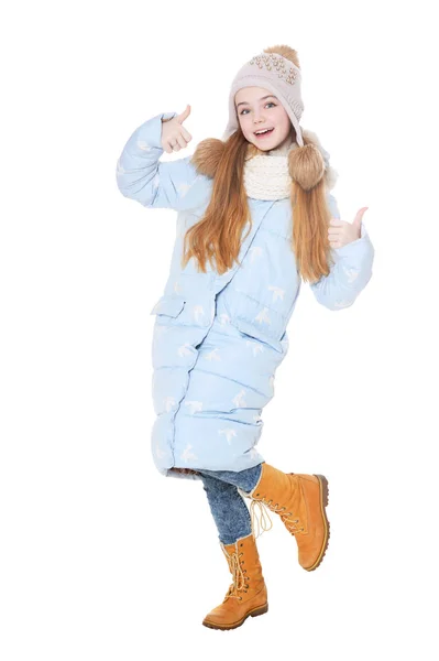 Niña Feliz Posando Abrigo Aislado Sobre Fondo Blanco —  Fotos de Stock