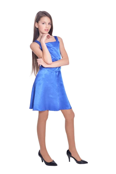 Beautiful Girl Blue Dress Posing Isolated White Background — Stock Photo, Image