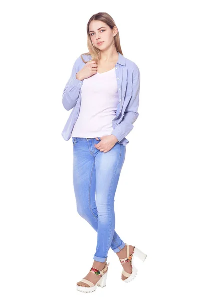 Porträtt Vacker Kvinna Blå Jeans Poserar Isolatet Vit — Stockfoto