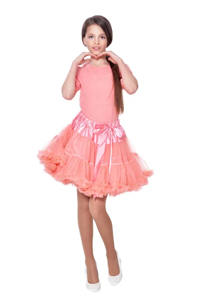 Piękna Dziewczyna Różowej Sukience Pozowanie Białym Tle — Zdjęcie stockowe