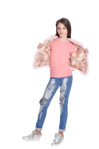 Menina Bonita Jeans Posando Isolado Fundo Branco — Fotografia de Stock