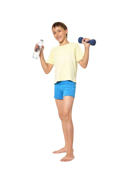 Ung Pojke Med Hantel Och Flaska Vatten Isolerad Vit Bakgrund — Stockfoto