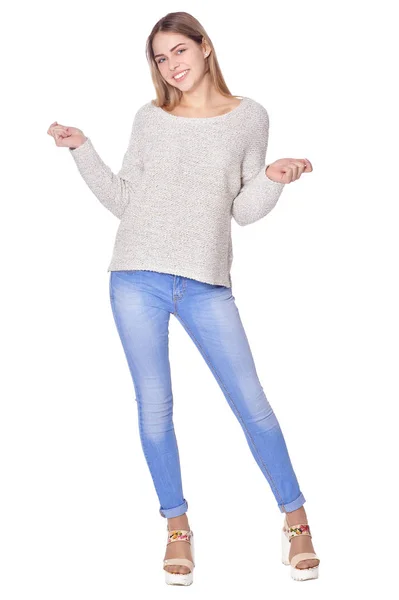 Ritratto Bella Donna Blue Jeans Posa Isolata Bianco — Foto Stock