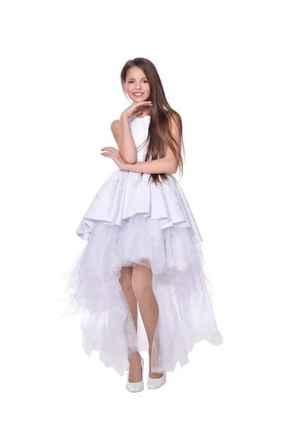 Beautiful Girl White Dresss Posing Isolated White Background — Stock Photo, Image