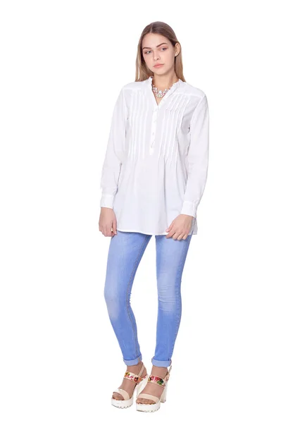 Retrato Mulher Bonita Jeans Azul Posando Isolado Branco — Fotografia de Stock