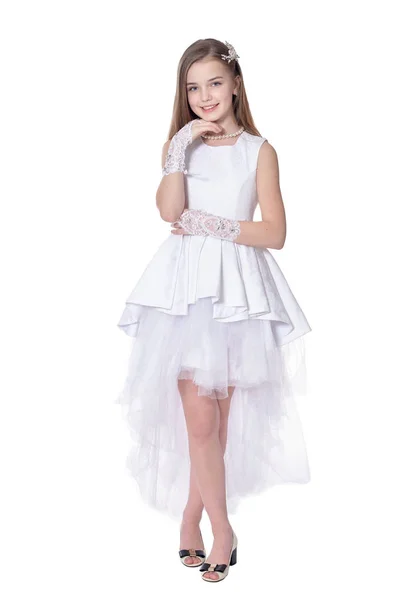 Happy Little Girl Carnival Costume Posing Isolated White Background — Stock Photo, Image