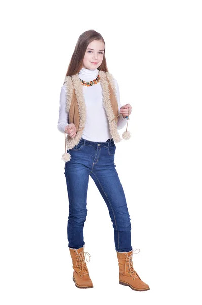 快乐的小女孩穿着牛仔裤 在白色背景下被孤立 — 图库照片