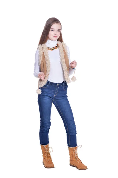 Felice Bambina Jeans Posa Isolata Sfondo Bianco — Foto Stock