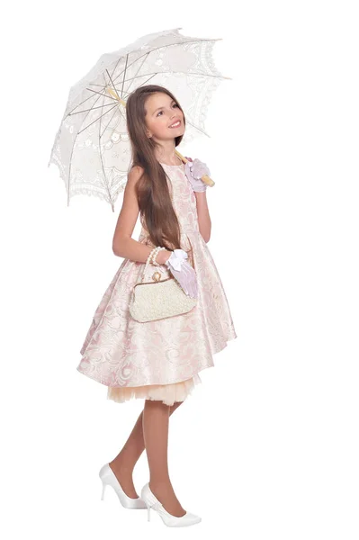 Vacker Flicka Med Paraply Poserar Isolerad Vit Bakgrund — Stockfoto