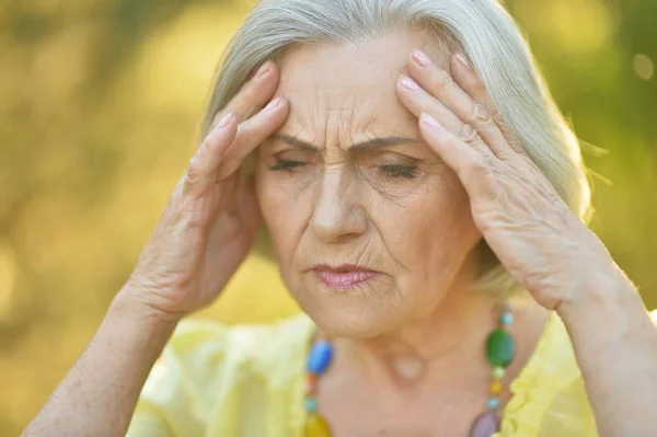 Portrait Sad Senior Woman Headache Summer Park — Stock Photo, Image