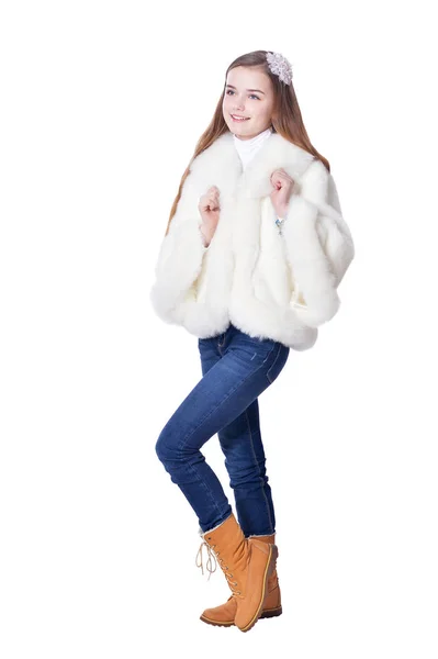 Gelukkig Klein Meisje Bont Jas Poseren Geïsoleerd Witte Achtergrond — Stockfoto