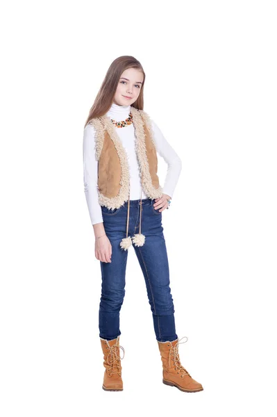 Gelukkig Klein Meisje Spijkerbroek Poseren Geïsoleerd Witte Achtergrond — Stockfoto