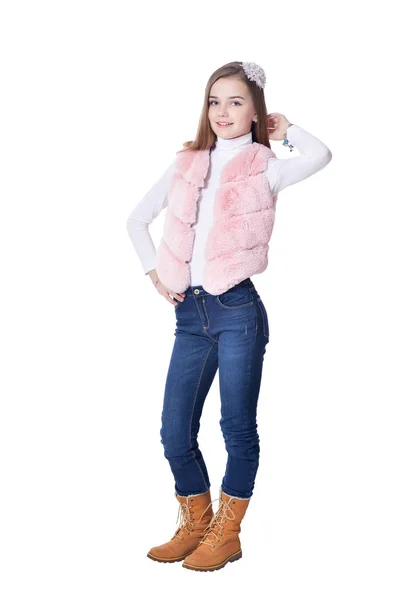 Menina Feliz Jeans Posando Isolado Fundo Branco — Fotografia de Stock