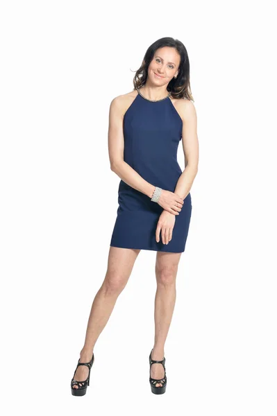 Porträt Der Schönen Frau Blauem Kleid Posiert Isoliert Auf Weißem — Stockfoto