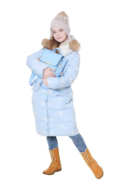 Happy Little Girl Posing Backpack Isolated White Background — Stock Photo, Image