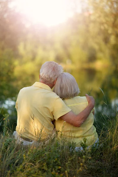 Liebendes Senioren Paar Posiert Sommer See — Stockfoto